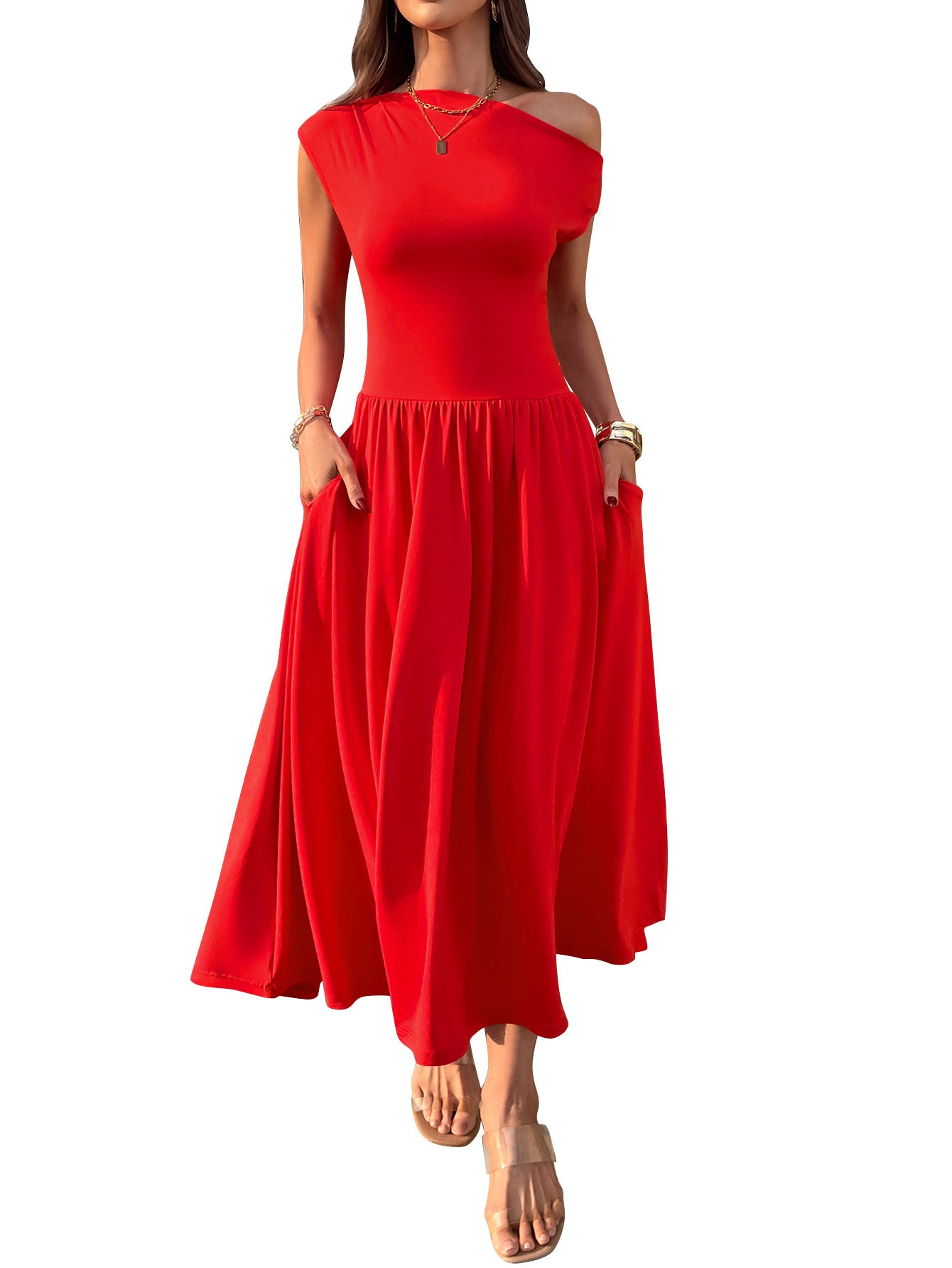 Robe longue asymétrique à épaule dénudée
