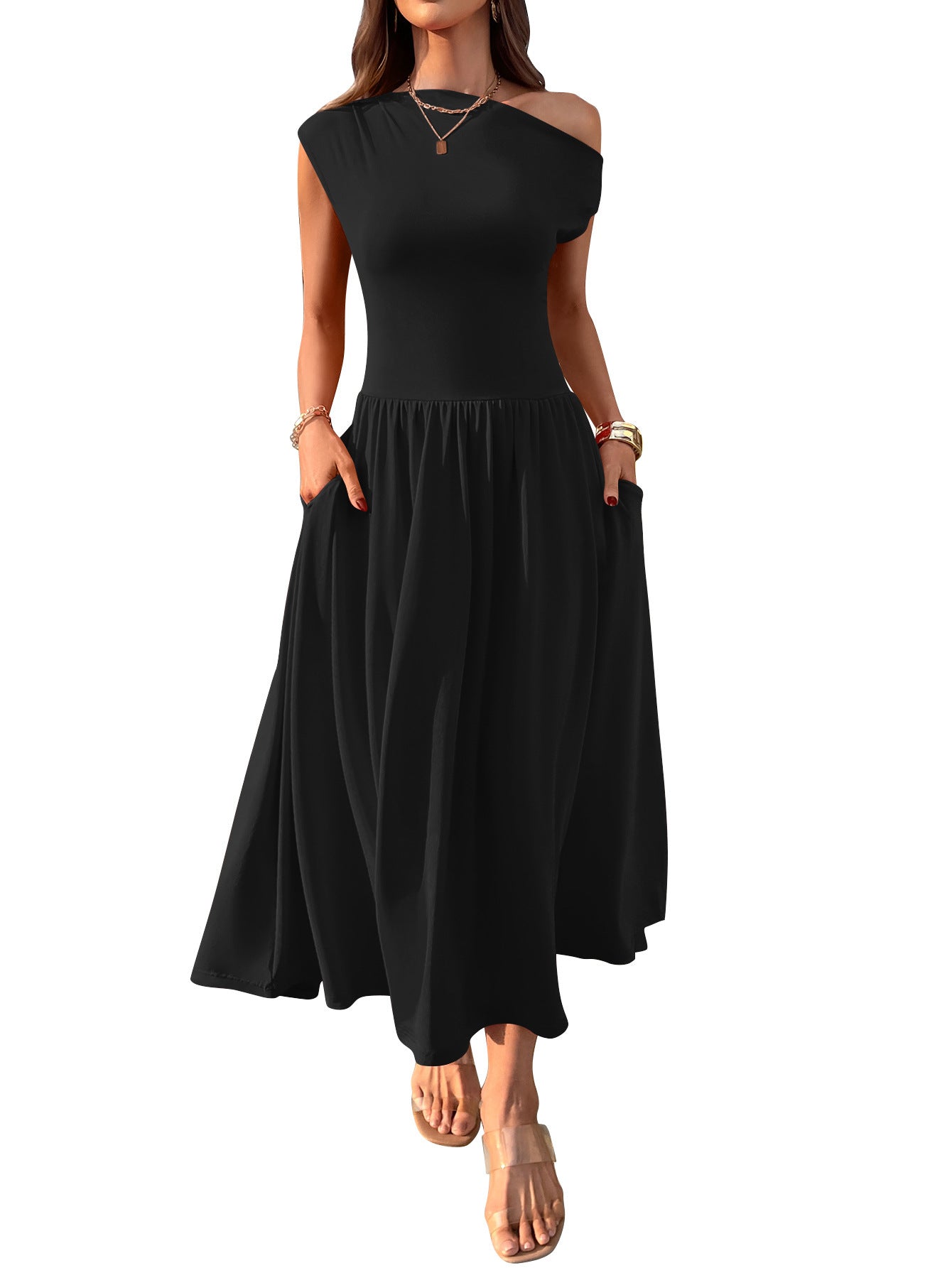 Robe longue asymétrique à épaule dénudée