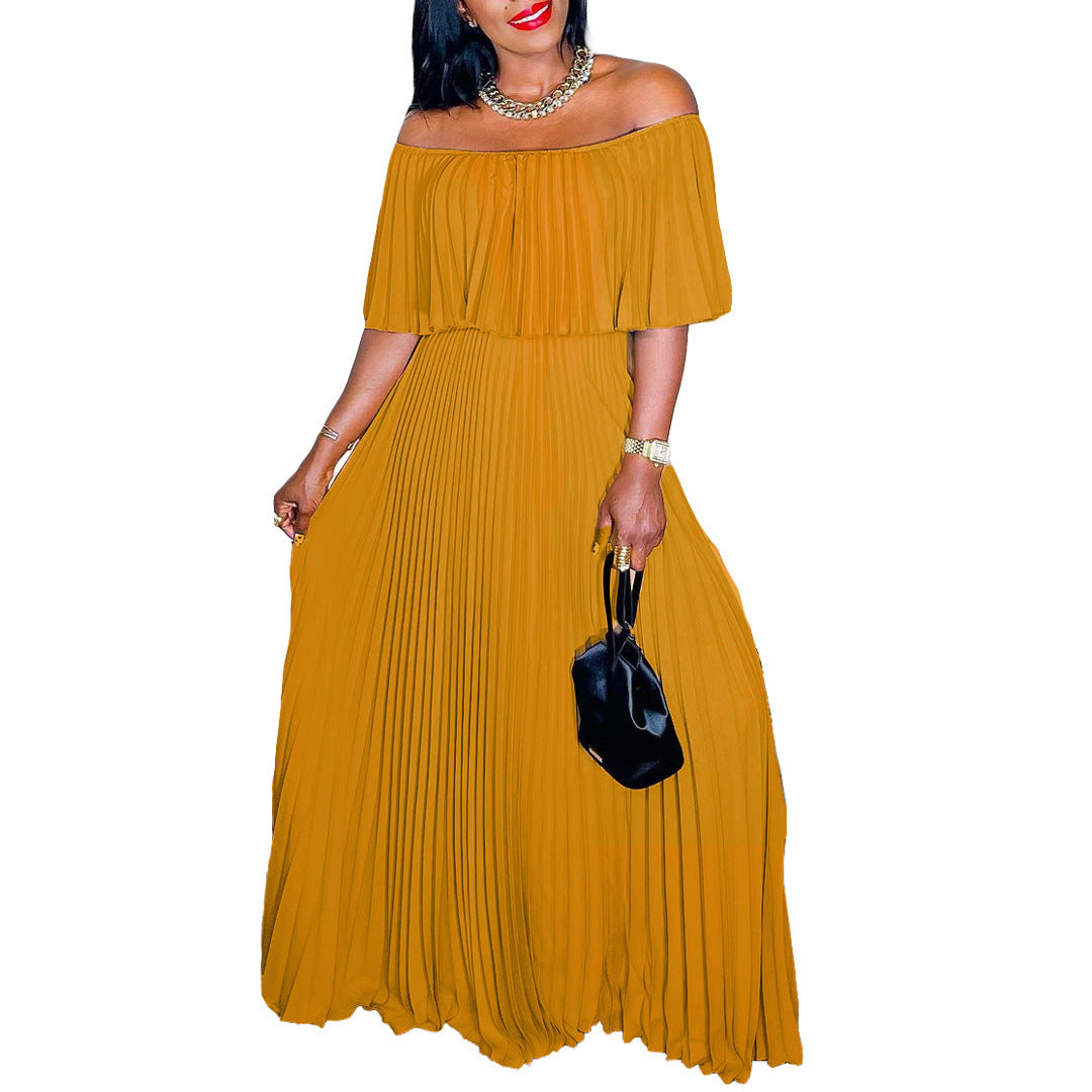 Robe Longue Plissée Épaules Dénudées