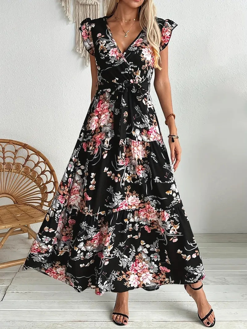 Robe Longue Fleurie Noire Ă  Ceinture