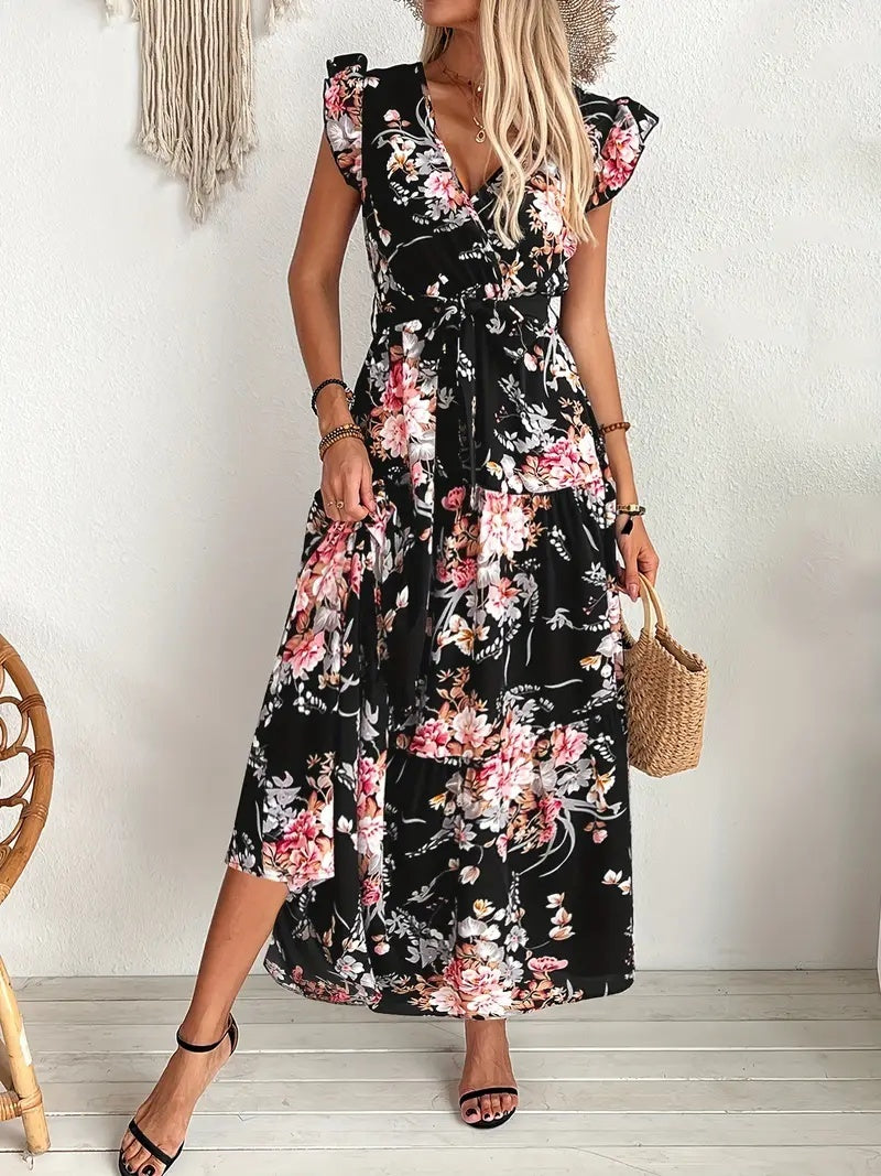 Robe Longue Fleurie Noire Ă  Ceinture