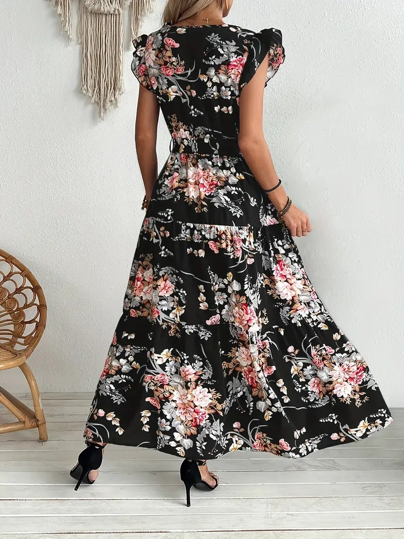 Robe Longue Fleurie Noire à Ceinture