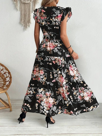 Robe Longue Fleurie Noire à Ceinture