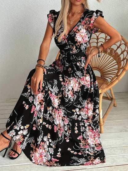 Robe Longue Fleurie Noire à Ceinture