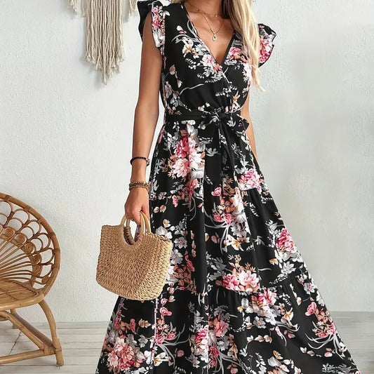 Robe Longue Fleurie Noire à Ceinture